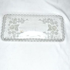 Rectangle Pressed Etched Glass Jewelry Tray Coctail Holder Vintage Early Century